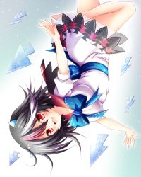 Rule 34 | 1girl, arrow (projectile), barefoot, black hair, blue background, blue bow, bow, breasts, cone horns, cowboy shot, cursor, dress, fang, grey horns, hair between eyes, highres, horns, kijin seija, large breasts, leg up, multicolored background, multicolored hair, open mouth, osashin (osada), outstretched arms, red eyes, red hair, sailor collar, sash, see-through, shiny skin, short dress, short hair, short sleeves, smile, snowing, solo, spread arms, striped horns, thighs, touhou, upside-down, white background, white dress, white hair