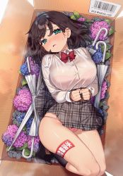Rule 34 | 1girl, aqua eyes, black hair, black socks, blush, bow, bowtie, box, bra visible through clothes, closed umbrella, collared shirt, commentary request, dress shirt, flower, full body, grey skirt, highres, hydrangea, in box, in container, long hair, looking at viewer, open mouth, original, panties, pink panties, plaid, plaid skirt, red bow, red bowtie, sakura yuki (clochette), see-through, shirt, skirt, socks, solo, sweat, twitter username, umbrella, underwear, white shirt