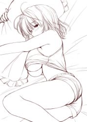 Rule 34 | 1girl, ahoge, alternate costume, ass, bare arms, bare legs, bare shoulders, bed sheet, blush, breasts, casual, clothes lift, frilled pillow, frills, from above, half-closed eye, large breasts, lying, monochrome, nori tamago, hugging object, on side, pillow, pillow hug, profile, saigyouji yuyuko, shirt lift, short shorts, shorts, sketch, sleeveless, solo, touhou, underboob, uneven eyes