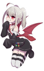 Rule 34 | 1girl, ahoge, badge, bag, bare shoulders, black footwear, blush, collar, demon wings, dress, fang, full body, grin, highres, horn band legwear, konboi-eg, long sleeves, looking at viewer, loose clothes, makaino ririmu, nijisanji, no horns, pointy ears, red eyes, red wings, shoes, silver hair, sleeves past fingers, sleeves past wrists, smile, solo, thighhighs, two side up, virtual youtuber, white background, wings, zettai ryouiki