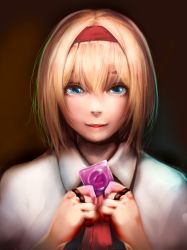 Rule 34 | 1girl, alice margatroid, ascot, axe r18, blonde hair, blue eyes, capelet, closed mouth, condom, condom wrapper, hair between eyes, hairband, jewelry, looking at viewer, puppet rings, realistic, red hairband, ring, short hair, smile, solo, touhou, upper body