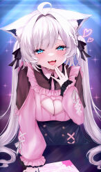 Rule 34 | 1girl, absurdres, ahoge, alternate costume, animal ear fluff, animal ears, black ribbon, blue eyes, blush, breasts, cleavage, clothing cutout, commentary request, fangs, fox ears, fox girl, heart, heart cutout, highres, hololive, large breasts, long hair, long sleeves, looking at viewer, open mouth, pink sweater, ribbon, shirakami fubuki, smile, solo, sweat, sweater, twintails, virtual youtuber, white burinyan, yu lei