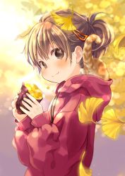 Rule 34 | 1girl, animal, animal in clothes, blush, brown eyes, brown hair, cat, closed mouth, commentary request, food, ginkgo leaf, hair ornament, hairclip, holding, holding food, hood, hood basket, hood down, hoodie, kuga tsukasa, leaf, long sleeves, looking at viewer, original, ponytail, puffy long sleeves, puffy sleeves, red hoodie, roasted sweet potato, sleeves past wrists, solo, sweet potato, upper body