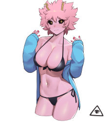 Rule 34 | 1girl, ashido mina, bare shoulders, bikini, black bikini, black sclera, boku no hero academia, breasts, closed mouth, colored sclera, colored skin, commentary, cropped legs, donburi (donburikazoku), earrings, groin, hands up, highres, jewelry, large breasts, long sleeves, looking at viewer, nail polish, narrow waist, navel, open clothes, pink hair, pink skin, shiny skin, short hair, side-tie bikini bottom, simple background, sleeves past wrists, solo, string bikini, swimsuit, thighs, white background, yellow eyes