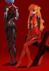 Rule 34 | 2girls, :/, ass, ayanami rei, black bodysuit, blue eyes, blue hair, bodysuit, breasts, closed mouth, commentary, covered navel, curvy, english commentary, evangelion: 3.0 you can (not) redo, eyepatch, full body, highres, long hair, multiple girls, neon genesis evangelion, one eye covered, plugsuit, rebuild of evangelion, red background, shiny clothes, short hair, simple background, sitting, skin tight, small breasts, souryuu asuka langley, standing, twintails, two side up, very long hair, yd (orange maru)