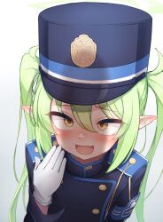 Rule 34 | 1girl, armband, blue archive, blue armband, blush, buttons, commentary request, double-breasted, fang, gloves, green hair, hat, nozomi (blue archive), highres, hudeako, long hair, long sleeves, looking up, open mouth, penis shadow, pointy ears, shako cap, simple background, skin fang, smile, solo, tsurime, twintails, upper body, white background, white gloves, yellow eyes