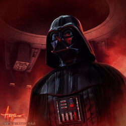 Rule 34 | 1boy, armor, black armor, black cape, cape, commentary, darth vader, english commentary, helmet, indoors, male focus, signature, sith, solo, star wars, star wars: the empire strikes back, steve argyle, upper body