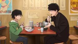 Rule 34 | 10s, 2boys, age switch, black hair, bowl cut, chopsticks, cup, daijyuu, drinking glass, eating, food, formal, hood, hoodie, kageyama shigeo, looking down, male focus, mayonnaise, mob psycho 100, mogami keiji, multiple boys, napkin, napkin holder, noodles, aged up, open mouth, poster (object), ramen, restaurant, ribbed sweater, smile, steam, stool, suit, summergoat, sweater, table, aged down