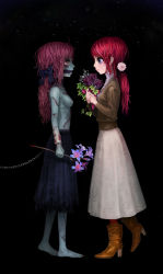 Rule 34 | 2girls, barefoot, blood, blue eyes, boots, breasts, collar, dress, empty eyes, flower, gagged, hair ornament, highres, leash, monster girl, multiple girls, nipples, original, ponytail, red hair, ribbon, scar, skirt, stitches, topless, torn clothes, yukaman, yuri, zombie