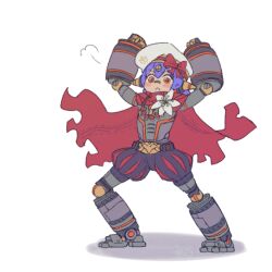Rule 34 | 1girl, android, arms up, beret, black shorts, blush, cape, closed mouth, commentary, full body, grey hat, hair between eyes, hat, looking at viewer, poppi (xenoblade), puffy shorts, purple hair, red cape, red eyes, reiesu (reis), shadow, shorts, simple background, solo, standing, torn cape, torn clothes, v-shaped eyebrows, white background, xenoblade chronicles (series), xenoblade chronicles 2