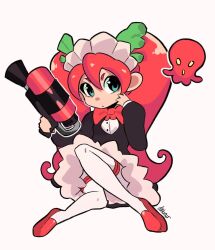 Rule 34 | 1girl, bow, bowtie, commentary, daturawr, dot nose, english commentary, full body, green eyes, gun, hair between eyes, highres, holding, holding gun, holding weapon, long hair, nintendo, octoling, octoling girl, octoling player character, octoshot (splatoon), red bow, red bowtie, red hair, simple background, sitting, solo, splatoon (series), tentacle hair, thighhighs, twintails, weapon, white background, white headdress, white thighhighs