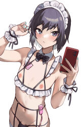 Rule 34 | 1boy, aqua nails, armpit crease, bikini, black hair, blush, bow, bowtie, bulge, cellphone, commentary request, condom, condom wrapper, cowboy shot, cupless bikini, detached collar, furrowed brow, groin, highres, holding, holding phone, looking away, lowleg, lowleg bikini, maid, maid bikini, maid headdress, male focus, nail polish, navel, nipples, original, paid reward available, parted lips, penis, penis peek, phone, purple eyes, remote control vibrator, sex toy, short hair, simple background, smartphone, solo, standing, swimsuit, trap, tsurime, unconventional maid, variant set, vibrator, white background, wrist cuffs, yoruhachi