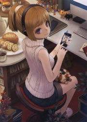 Rule 34 | 1girl, absurdres, book, bread, brown eyes, brown hair, calico, cat, cellphone, chair, cup, flower, food, headphones, highres, holding, iphone, jar, keyboard (computer), listening to music, masakichi, monitor, original, phone, ponytail, ribbed sweater, scan, shorts, sitting, sleeveless, sleeveless turtleneck, slippers, smartphone, smile, solo, sweater, teacup, turtleneck