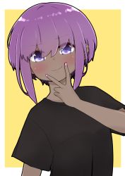 Rule 34 | 1girl, black shirt, blush, closed mouth, dark-skinned female, dark skin, eyes visible through hair, fate/prototype, fate/prototype: fragments of blue and silver, fate (series), hair between eyes, hassan of serenity (fate), highres, i.u.y, looking at viewer, nail polish, pink nails, purple eyes, purple hair, shirt, short sleeves, smile, solo, two-tone background, v over mouth, white background, yellow background