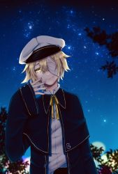 Rule 34 | 1boy, blonde hair, blue capelet, blue jacket, capelet, commentary, dal segno (symbol), hand up, hat, highres, jacket, leica illust, light smile, lips, looking at viewer, male focus, night, oliver (vocaloid), outdoors, peaked cap, ribbon, sailor hat, shirt, sky, sleeves past wrists, smile, star (sky), starry sky, tree, upper body, vocaloid, white shirt, yellow eyes, yellow ribbon