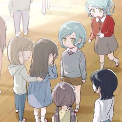 Rule 34 | 6+girls, aged down, bang dream!, black hair, blue dress, blue pants, brown hair, brown hoodie, brown shorts, character request, closed mouth, collared shirt, commentary, dress, green eyes, grey skirt, grey sweater, highres, hikawa hina, hikawa sayo, hood, hoodie, kneehighs, long hair, long sleeves, low twintails, medium hair, multiple girls, open mouth, pants, shirt, short hair, shorts, siblings, skirt, socks, standing, sweatdrop, sweater, twins, twintails, white shirt, white socks, zihacheol