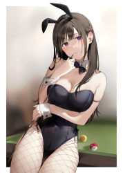 Rule 34 | 1girl, absurdres, animal ears, arm strap, bare shoulders, black bow, black bowtie, black hair, black leotard, blue eyes, blush, bow, bowtie, breasts, closed mouth, commentary request, detached collar, fake animal ears, fishnet pantyhose, fishnets, head tilt, highres, large breasts, leotard, long hair, looking at viewer, mole, mole on breast, original, pantyhose, playboy bunny, pool table, rabbit ears, solo, table, thighs, wrist cuffs, xretakex