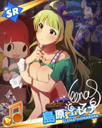 Rule 34 | 10s, 1girl, ahoge, aqua eyes, barefoot, beamed quavers, blush, card (medium), character name, character signature, crumpled paper, green hair, hairband, idolmaster, idolmaster million live!, knees to chest, long hair, musical note, official art, paper, pencil, shimabara elena, signature, solo