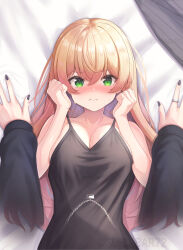 Rule 34 | 2girls, absurdres, black nails, black shirt, blonde hair, breasts, cleavage, closed mouth, female pov, fingernails, green eyes, highres, hiodoshi ao, hololive, hololive dev is, jewelry, large breasts, long hair, looking at viewer, momosuzu nene, multiple girls, nail polish, necklace, pov, ring, shirt, suicabar72, virtual youtuber, yuri