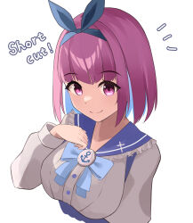 Rule 34 | 1girl, absurdres, anchor symbol, blue bow, blue bowtie, blue hair, blue ribbon, blue sailor collar, blunt bangs, bob cut, bow, bowtie, breasts, cet (hajisirazunoko), closed mouth, colored inner hair, english text, frilled sailor collar, frills, hair ribbon, hand up, highres, hololive, large breasts, long sleeves, looking at viewer, medium hair, minato aqua, minato aqua (sailor), multicolored hair, notice lines, purple eyes, purple hair, ribbon, sailor collar, sailor shirt, shirt, simple background, smile, solo, upper body, virtual youtuber, white background, white shirt