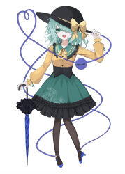 Rule 34 | 1girl, :d, adapted costume, black headwear, blue footwear, blue umbrella, bow, commentary request, floral print, frilled skirt, frills, green hair, green nails, green skirt, hair bow, hand on headwear, heart, heart of string, high heels, highres, holding, holding umbrella, komeiji koishi, kuro wa shinoru, long sleeves, medium hair, open mouth, shirt, simple background, skirt, smile, solo, third eye, touhou, umbrella, white background, yellow bow, yellow shirt