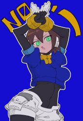 Rule 34 | 1girl, absurdres, aile (mega man zx), arms up, black bodysuit, blue background, blush, bodysuit, bodysuit under clothes, breasts, brown hair, buzzlyears, commentary, cropped jacket, glowing, glowing eyes, green eyes, highres, jacket, looking at viewer, medium breasts, mega man (series), mega man zx, open mouth, robot ears, short hair, shorts, simple background, smile, solo, sparkle, upper body, white shorts, x arms