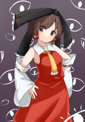 Rule 34 | 1girl, black bow, black eyes, blush, bow, breasts, brown hair, closed mouth, commentary request, cookie (touhou), detached sleeves, eyes visible through hair, hair between eyes, hair bow, hair tubes, hakurei reimu, highres, large bow, looking to the side, medium breasts, mochiya (cookie), necktie, red shirt, red skirt, ribbon-trimmed sleeves, ribbon trim, shirt, short hair, skirt, sleeveless, sleeveless shirt, solo, swept bangs, touhou, upper body, white sleeves, yellow necktie, yumekamaborosh