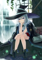 Rule 34 | 1girl, azuuru, bag, black hat, blouse, broom, collared shirt, cover, cover page, elaina (majo no tabitabi), emblem, hair between eyes, hand on own chin, hat, head rest, highres, knees together feet apart, leaning forward, long hair, long sleeves, looking at viewer, majo no tabitabi, novel cover, official art, open clothes, open robe, plant, purple eyes, robe, shirt, sitting, skirt, sleeveless, sleeveless shirt, smile, solo, textless version, vines, water, white hair, white shirt, wizard hat