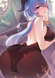 Rule 34 | 1other, 2girls, ass, bare shoulders, blue hair, blush, bodysuit, breasts, cleft of venus, cloud retainer (genshin impact), darklux, detached sleeves, from behind, ganyu (genshin impact), genshin impact, goat horns, highres, horns, huge ass, large breasts, leotard, long hair, looking at viewer, looking back, multiple girls, open mouth, pantyhose, purple eyes, qiqi (genshin impact), shiny clothes, shiny skin, sideboob, smile, solo focus, very long hair, xianyun (genshin impact)