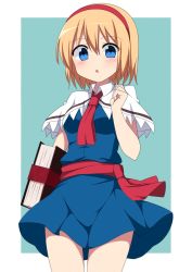 Rule 34 | 1girl, alice margatroid, bad id, bad pixiv id, blonde hair, blue dress, blue eyes, blush, book, breasts, capelet, cowboy shot, dress, enushi (toho193), hairband, highres, holding, holding book, medium breasts, parted lips, red hairband, red sash, sash, short hair, solo, standing, thighs, touhou, white capelet