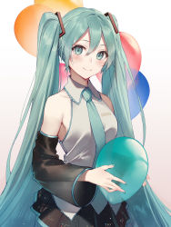 Rule 34 | 1girl, arl, balloon, bare shoulders, black skirt, blush, breasts, collared shirt, cowboy shot, detached sleeves, green hair, green necktie, grey background, hair between eyes, hair ornament, hatsune miku, highres, holding, long hair, looking at viewer, miniskirt, nail polish, necktie, pleated skirt, shirt, skirt, sleeveless, small breasts, smile, solo, twintails, very long hair, vocaloid