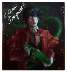 Rule 34 | 1boy, absinthe, alcohol, alucard (hellsing), black hair, bottle, coat, congratulations, cyrillic, drink, gloves, gradient background, happy birthday, hellsing, holding, male focus, natepes, necktie, overcoat, realistic, red coat, red eyes, russian text, smile, solo, translated, vampire, white gloves
