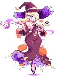 Rule 34 | 1girl, alternate costume, blonde hair, blue eyes, bright pupils, clothing cutout, crescent moon, earrings, halloween, halloween costume, hat, ioh, jewelry, long hair, luma (mario), mario (series), moon, navel, navel cutout, nintendo, pumpkin, rosalina, solo, sparkle, super mario galaxy, thick thighs, thighs, wand, white pupils, wide hips, witch, witch hat