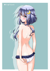 Rule 34 | 10s, 1girl, adjusting clothes, adjusting swimsuit, aqua background, ass, back, bikini, bikini bottom only, blue eyes, blush, breasts, cowboy shot, crescent, crescent hair ornament, ears visible through hair, eyebrows, flat ass, from behind, hair between eyes, hair ornament, kantai collection, looking away, looking to the side, mikage takashi, short hair with long locks, silver hair, simple background, small breasts, solo, swimsuit, topless, twitter username, white bikini, yayoi (kancolle)