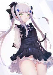 Rule 34 | 1girl, aged down, apron, arms behind back, artist name, black apron, black bow, black hairband, blush, bow, cat tail, checkered bow, checkered clothes, dress, eyebrows hidden by hair, girls&#039; frontline, green eyes, groin, hair bow, hair ornament, hairband, hat, highres, hk416 (black kitty&#039;s gift) (girls&#039; frontline), hk416 (girls&#039; frontline), long hair, long sleeves, looking at viewer, mini hat, nekoya (liu), official alternate costume, open mouth, panties, purple headwear, sidelocks, signature, solo, tail, teeth, tiles, twintails, underwear, upper teeth only, very long hair, white dress, white hair, white panties