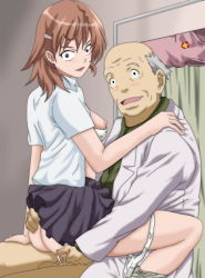 Rule 34 | age difference, ass, ass grab, blush, breasts, breasts out, brown hair, caught, coat, cum, cum in pussy, doctor, girl on top, grey hair, hair ornament, heaven canceller, highres, indoors, looking at viewer, misaka mikoto, open mouth, panties, panties around leg, penis, removing jacket, sex, short hair, sitting, sitting on person, skirt, toaru kagaku no railgun, toaru majutsu no index, ugly man, underwear
