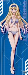 Rule 34 | 1girl, barefoot, bikini, blonde hair, blue background, blue eyes, blue hairband, breasts, cecilia alcott, cleavage, drill hair, frilled hairband, frills, front-tie bikini top, front-tie top, full body, grey bikini, hairband, hand on own chest, highres, infinite stratos, large breasts, long hair, o-ring, o-ring bikini, o-ring bottom, official art, open mouth, solo, swimsuit