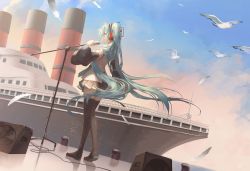 Rule 34 | 1girl, ahoge, aqua hair, aqua necktie, bird, black footwear, black sleeves, black thighhighs, cable, commentary request, cruiser, day, detached sleeves, from side, full body, gradient sky, green eyes, grey shirt, hair between eyes, hatsune miku, headset, highres, long hair, long sleeves, microphone, microphone stand, military, military vehicle, miniskirt, music, necktie, number tattoo, outdoors, pier, pleated skirt, profile, reflective floor, saihate (d3), seagull, ship, shirt, shoulder tattoo, singing, skirt, sky, solo, speaker, standing, tattoo, thighhighs, twintails, very long hair, vocaloid, warship, watercraft, wide sleeves, zettai ryouiki