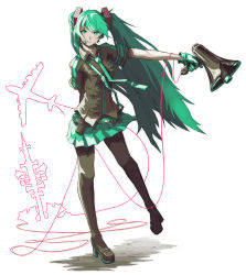 Rule 34 | 1girl, boots, female focus, full body, gloves, green eyes, green hair, hatsune miku, headset, high heels, highres, koi wa sensou (vocaloid), legs, long hair, matching hair/eyes, megaphone, mushina suzume, necktie, pantyhose, shoes, skirt, smile, solo, thigh boots, thighhighs, twintails, vocaloid, white background