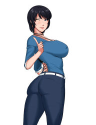 Rule 34 | 1girl, ass, black hair, blue eyes, breasts, denim, covered erect nipples, fatal frame, fatal frame 3, female focus, jeans, kurosawa rei, large breasts, lips, lipstick, looking at viewer, makeup, ml, mole, mole under eye, one eye closed, pants, short hair, smile, solo, thighs, tight clothes, tight pants