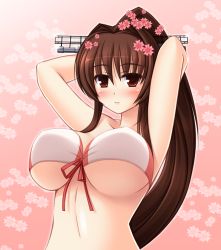 Rule 34 | 10s, 1girl, arms up, bikini, breasts, brown hair, flower, front-tie top, hair flower, hair ornament, kantai collection, large breasts, long hair, looking at viewer, nak yama, ponytail, red eyes, solo, swimsuit, underboob, white bikini, yamato (kancolle)