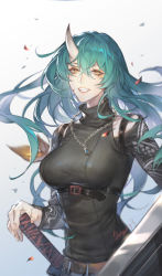 Rule 34 | 1girl, arknights, armband, black shirt, blue background, breasts, chinese commentary, cowboy shot, dated, eyelashes, facial scar, floating hair, gradient background, green hair, grin, hair between eyes, hand on hilt, highres, horns, hoshiguma (arknights), hoshiguma (ronin huntress) (arknights), jewelry, katana, large breasts, lips, long hair, long sleeves, looking at viewer, necklace, official alternate costume, parted lips, pendant, scar, scar on cheek, scar on face, sheath, sheathed, shield, shirt, signature, simple background, single horn, skin-covered horns, smile, solo, spade-m, sword, taut clothes, teeth, turtleneck, weapon, yellow eyes