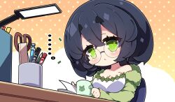 Rule 34 | ..., 1girl, :&lt;, black hair, breasts, chibi, cleavage, closed mouth, collarbone, cup, dress, glasses, green eyes, green jacket, hair between eyes, highres, holding, holding cup, jacket, kyoumachi seika, lamp, large breasts, long sleeves, looking at viewer, milkpanda, mug, off shoulder, open clothes, open jacket, orange background, pen, pencil, polka dot, polka dot background, round eyewear, ruler, scissors, short eyebrows, sleeves past wrists, solo, strapless, strapless dress, thick eyebrows, two-tone background, voiceroid, white background, white dress