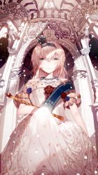 Rule 34 | 1girl, alternate costume, atha (leejuiping), blonde hair, braid, crown, dress, french braid, green eyes, hair between eyes, highres, jewelry, kantai collection, long hair, mini crown, necklace, short sleeves, solo, warspite (kancolle), white dress