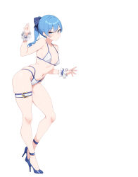 Rule 34 | 1girl, absurdres, arm up, armpit crease, bare shoulders, bikini, blue eyes, blue footwear, blue hair, blue nails, breasts, closed mouth, comiket 104, earrings, from side, full body, hair ribbon, high heels, highleg, highleg bikini, highres, hololive, hoshimachi suisei, jewelry, leaning forward, looking at viewer, navel, ponytail, ribbon, second-party source, simple background, skindentation, small breasts, solo, star (symbol), star in eye, stomach, swimsuit, symbol in eye, thigh strap, thighs, virtual youtuber, white background, white bikini, wrist cuffs, yinori