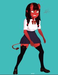 Rule 34 | 1girl, 3d, angry, bow, bowtie, braid, colored skin, horns, loafers, meruccubus (merunyaa), merunyaa, nail polish, pointy ears, red skin, school uniform, shoes, skuddbutt, solo, tail, thighhighs, yellow eyes