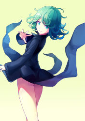 Rule 34 | 1girl, ass, black dress, curly hair, dress, evers, green eyes, green hair, looking at viewer, matching hair/eyes, one-punch man, outstretched hand, short hair, simple background, smile, solo, tatsumaki