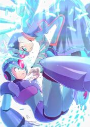 Rule 34 | 2boys, armor, blue armor, blue eyes, blue headwear, blue robe, cang she, cyber elf x (mega man), dilated pupils, dual persona, forehead jewel, glint, glowing feather, halo, heads together, highres, light rays, mega man (series), mega man x (series), mega man zero (series), multiple boys, robe, shoulder armor, time paradox, touching forehead, x (mega man)