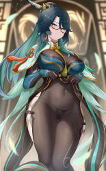 Rule 34 | 1girl, aqua eyes, aqua hair, aqua lips, black gloves, black panties, blue hair, bodystocking, breasts, commentary request, covered navel, cyicheng, feet out of frame, genshin impact, glasses, gloves, gradient hair, indoors, large breasts, long hair, looking at viewer, multicolored hair, panties, red-framed eyewear, solo, standing, thighs, underwear, very long hair, xianyun (genshin impact)