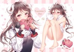 Rule 34 | 1girl, absurdres, ahoge, animal ears, arknights, averting eyes, bad id, bad pixiv id, barefoot, blush, breasts, brown hair, chocolate, covered mouth, covering privates, curled horns, embarrassed, eyjafjalla (arknights), female focus, flower, frills, heart, highres, holding, horns, junpaku karen, knees together feet apart, layered sleeves, long hair, long sleeves, looking at viewer, multiple views, nail polish, nude, nude cover, hugging object, pillow, pillow hug, pink flower, red eyes, sheep ears, sheep horns, shirt, sitting, small breasts, toenail polish, toenails, valentine, very long hair, white background